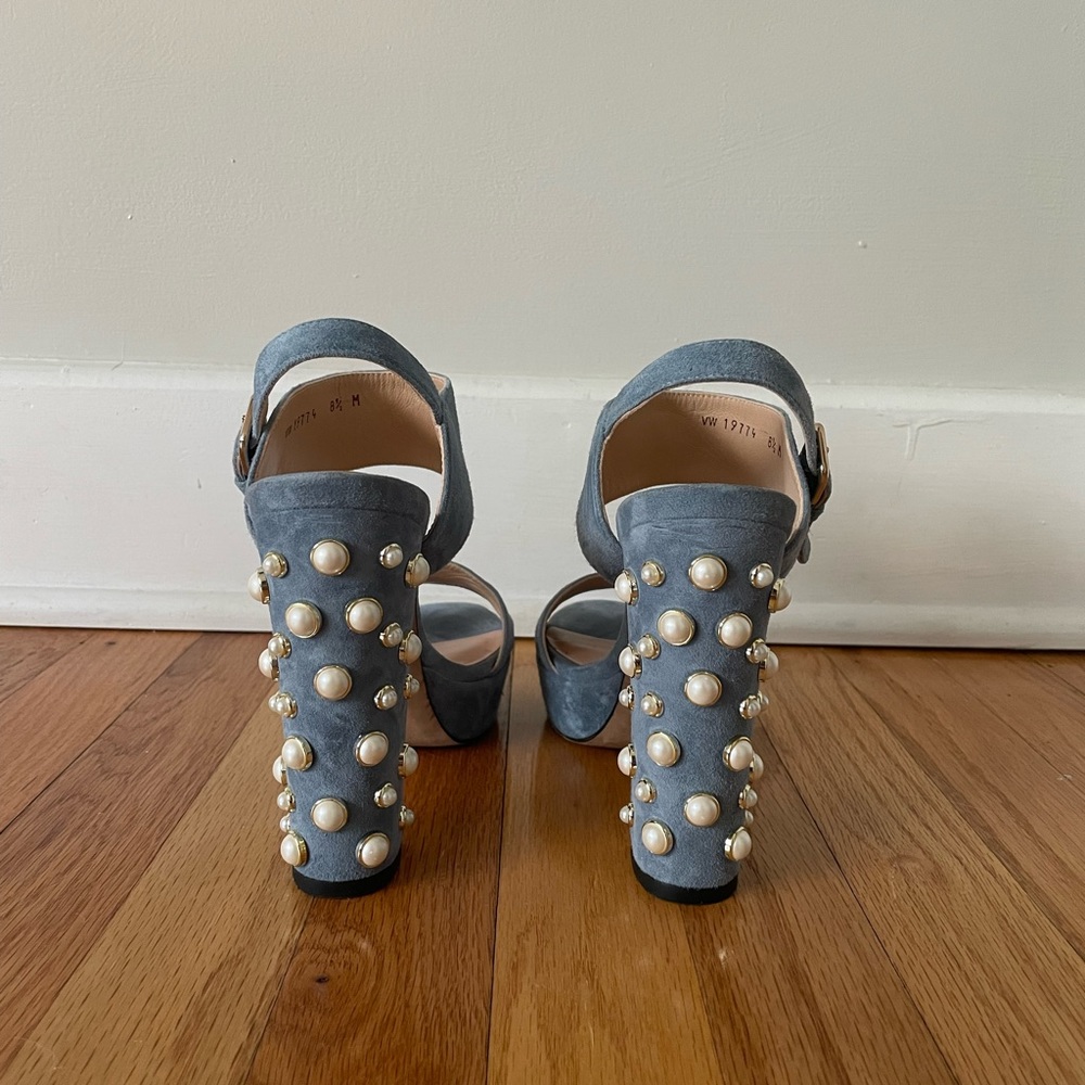 Stuart Weitzman blue suede pearl block heel sandals
